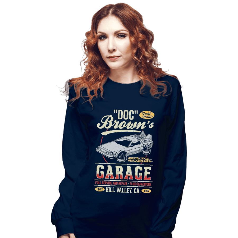 Shirts Long Sleeve Shirts, Unisex / Small / Navy Doc Brown's Garage