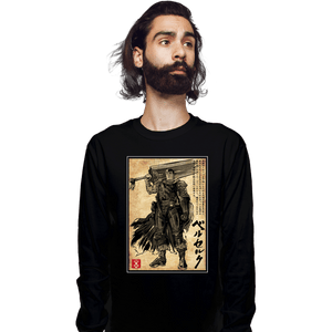 Daily_Deal_Shirts Long Sleeve Shirts, Unisex / Small / Black Black Swordsman Woodblock
