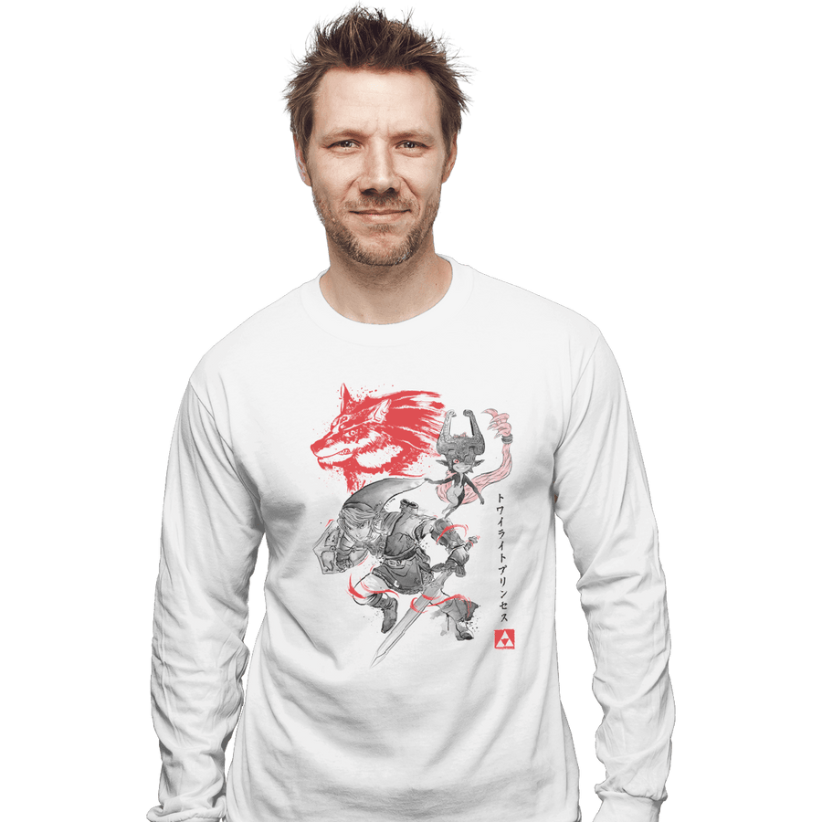 Shirts Long Sleeve Shirts, Unisex / Small / White Twilight Wolf Sumi-e