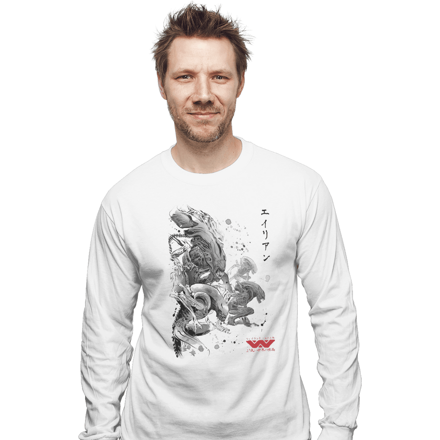 Shirts Long Sleeve Shirts, Unisex / Small / White Xenomorphs Invasion Sumi-e