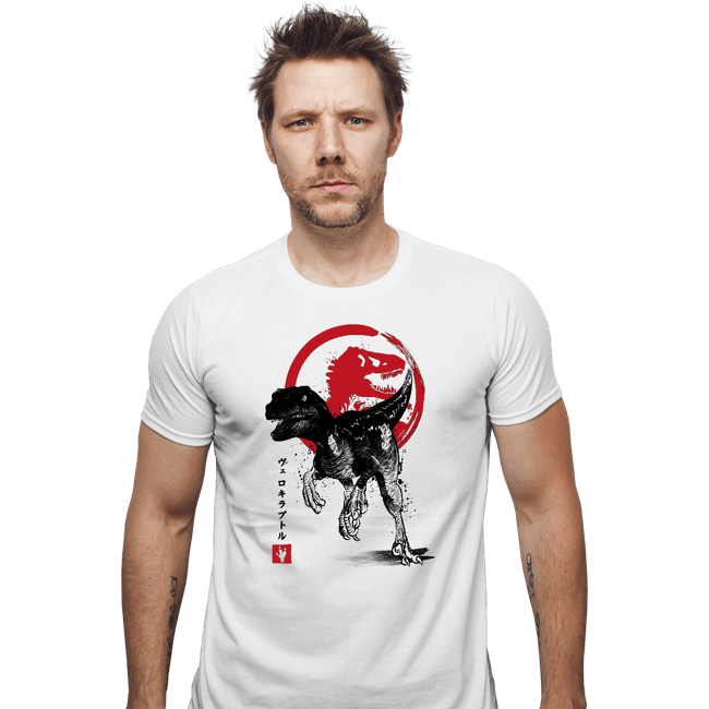 Shirts Fitted Shirts, Mens / Small / White Velociraptor sumi-e halftones