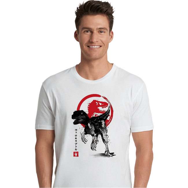 Shirts Premium Shirts, Unisex / Small / White Velociraptor sumi-e halftones