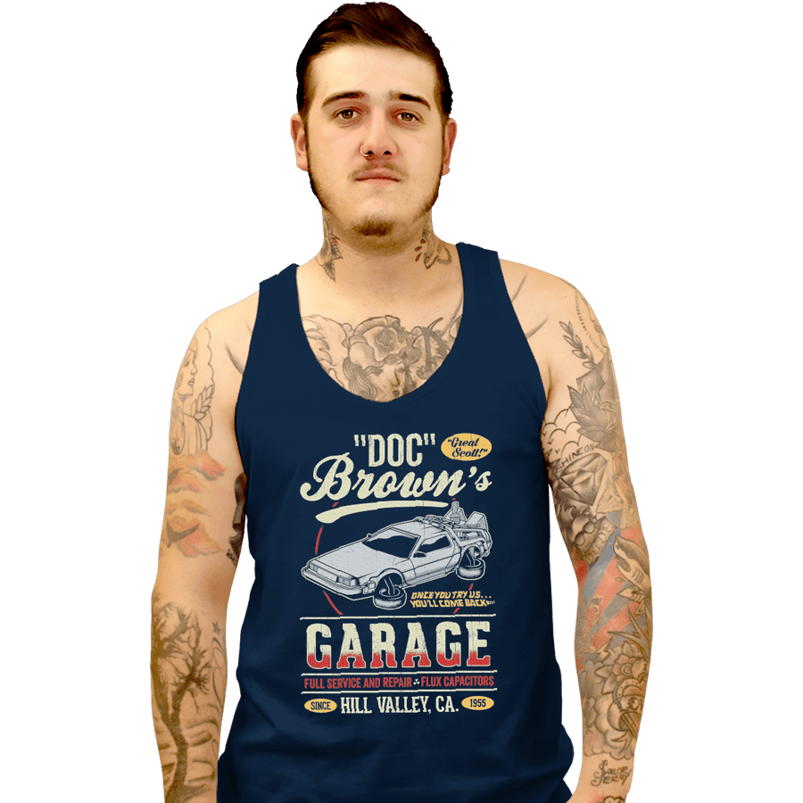 Shirts Tank Top, Unisex / Small / Navy Doc Brown's Garage