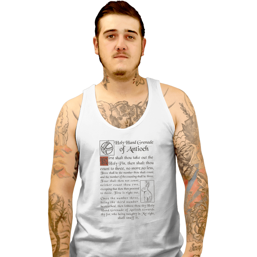 Shirts Tank Top, Unisex / Small / White Holy Hand Grenade Script