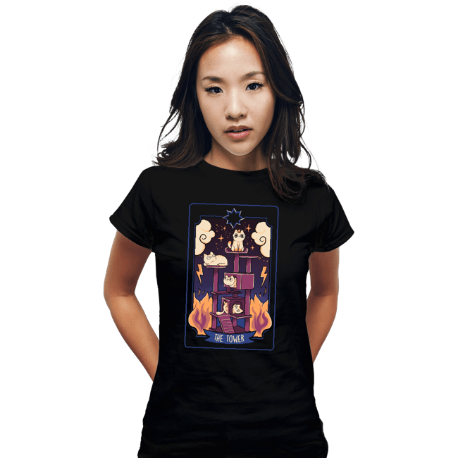 Daily_Deal_Shirts Fitted Shirts, Woman / Small / Black The Tower Cat Tarot