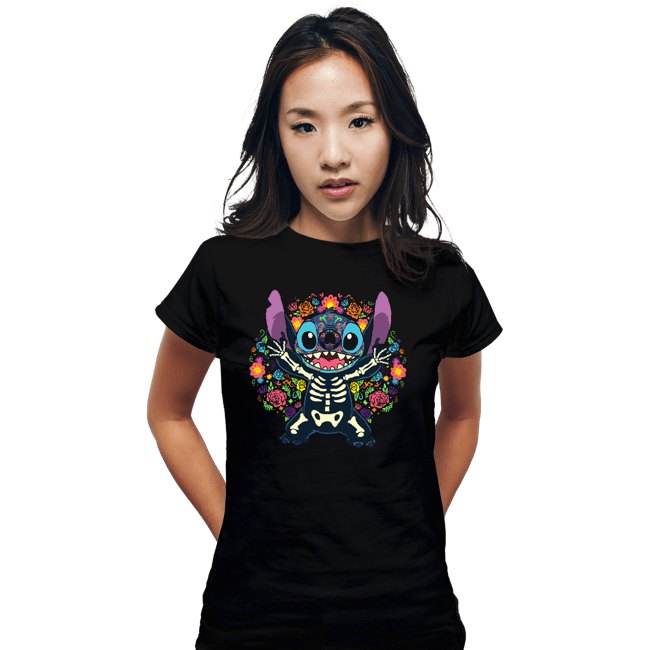 Daily_Deal_Shirts Fitted Shirts, Woman / Small / Black Stiched Calavera