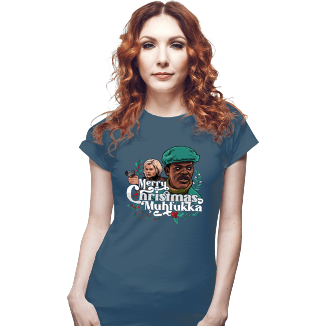 Daily_Deal_Shirts Fitted Shirts, Woman / Small / Indigo Blue Merry Christmas Muhfukka