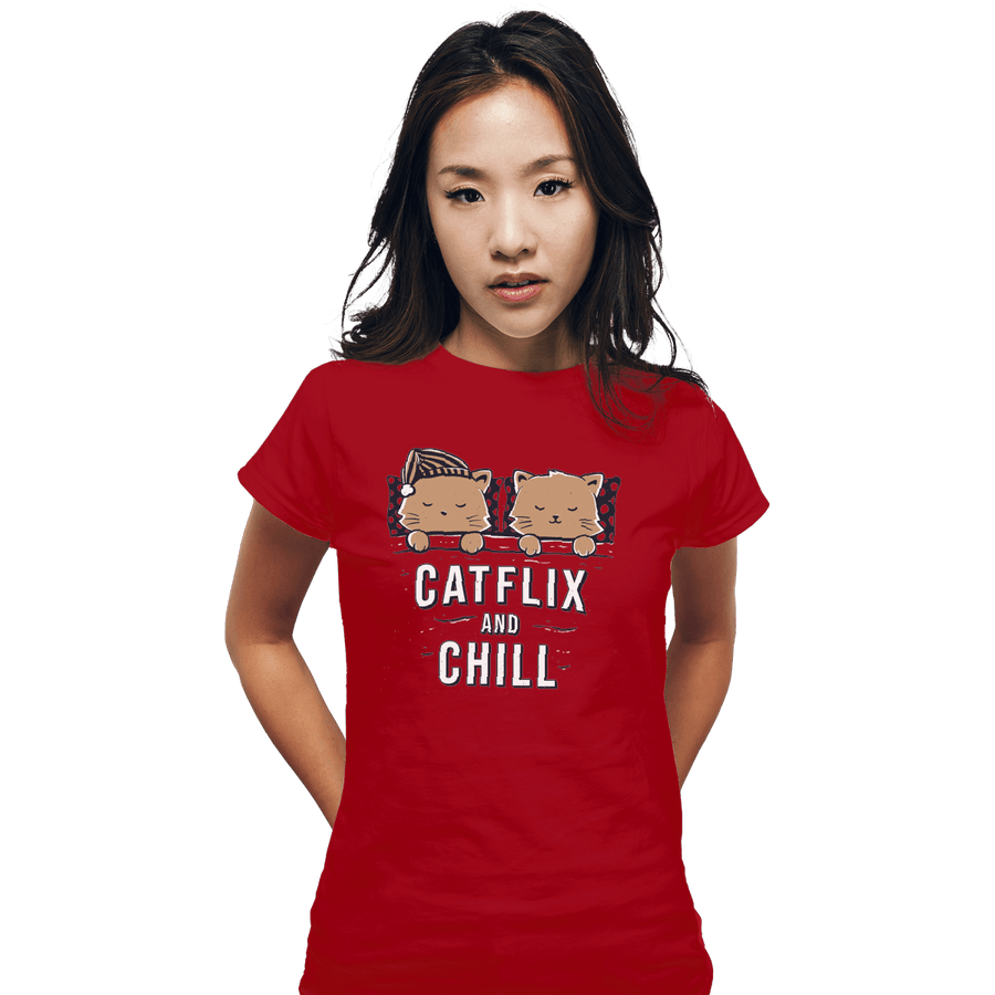 Shirts Fitted Shirts, Woman / Small / Red Catflix And Chill