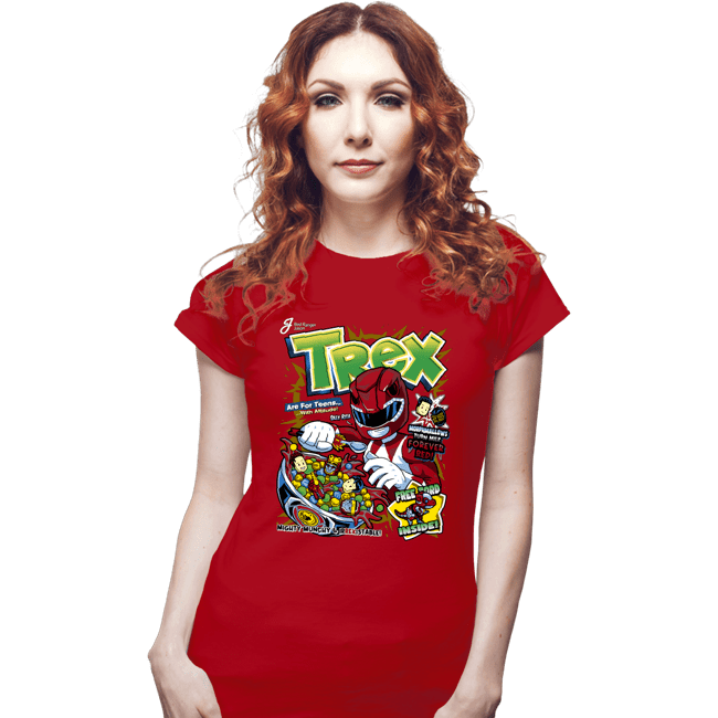 Daily_Deal_Shirts Fitted Shirts, Woman / Small / Red T-Rex Cereal