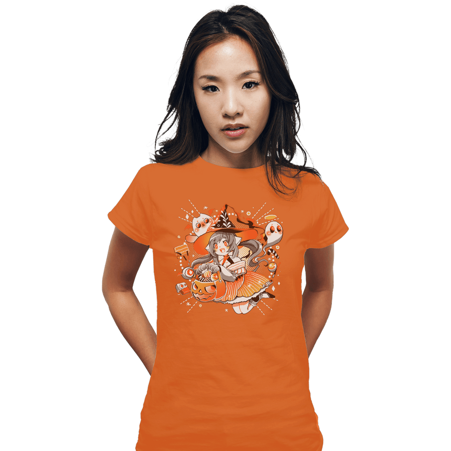 Shirts Fitted Shirts, Woman / Small / Orange Trick Or Treat Witch