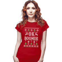 Load image into Gallery viewer, Shirts Fitted Shirts, Woman / Small / Red OK Boomer Ugly Christmas Sweater
