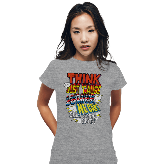 Daily_Deal_Shirts Fitted Shirts, Woman / Small / Sports Grey Just Cause A Guy Reads Comics