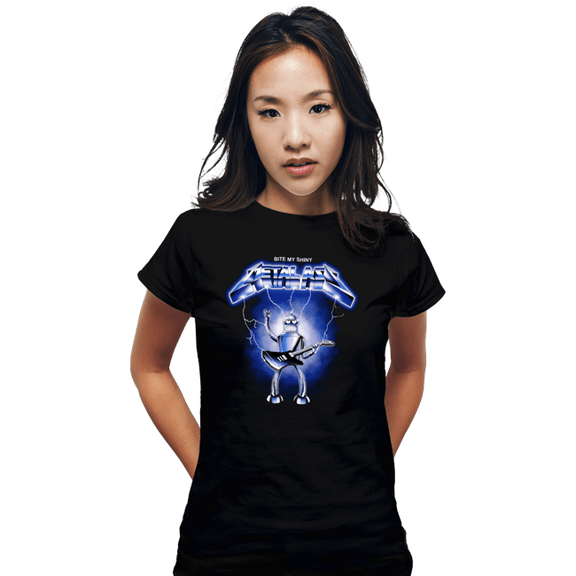 Daily_Deal_Shirts Fitted Shirts, Woman / Small / Black Shiny Metal