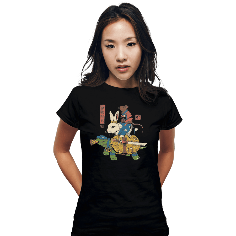 Shirts Fitted Shirts, Woman / Small / Black Kame, Usagi, and Ratto Ninjas