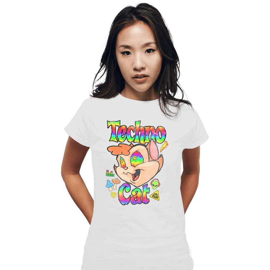 Shirts Fitted Shirts, Woman / Small / White Faux Paw the Techno Cat