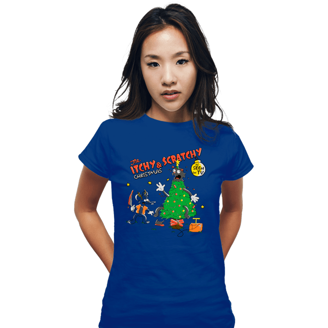 Daily_Deal_Shirts Fitted Shirts, Woman / Small / Royal Blue Itchy & Scratchy Christmas