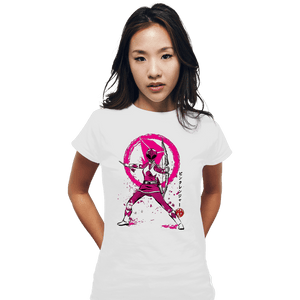 Shirts Fitted Shirts, Woman / Small / White Pink Ranger Sumi-e