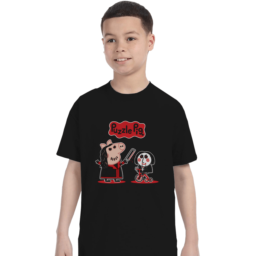 Shirts T-Shirts, Youth / XL / Black Puzzle Pig