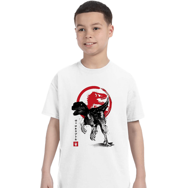 Shirts T-Shirts, Youth / XS / White Velociraptor sumi-e halftones