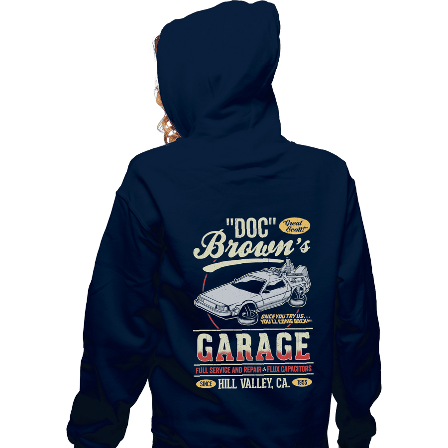 Shirts Zippered Hoodies, Unisex / Small / Navy Doc Brown's Garage